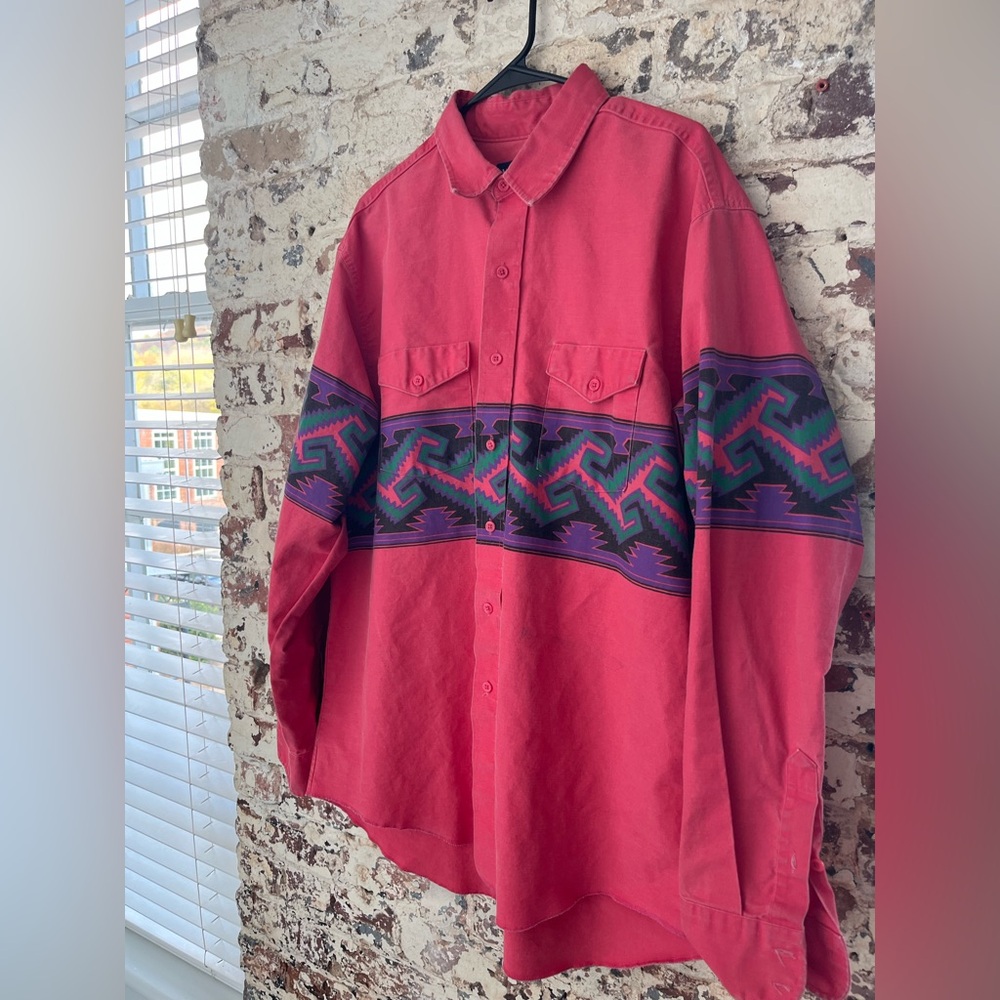 Vintage Wrangler Brushpopper Pink and Aztec Pattern Men's Western Shirt Sz 17.5
